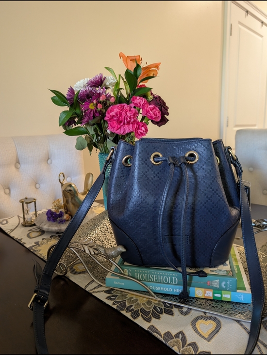 Gucci Handbags - Gucci Navy Blue Bucket Drawstring Shoulder Bag Gold Hardware